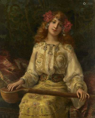 Antonio Torres, Spanish 1851-1934- A girl in costume holding a sitar; oil on canvas, signed, bears