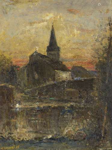 Alphonse Alexis Morlot, French 1838-1918- Sunset near Barbizon; oil on panel, signed, 35.