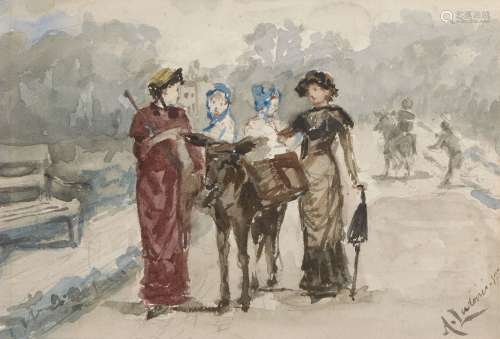 Albert Ludovici Jnr RBA, British 1852-1932- Two children riding a donkey; watercolour, signed with