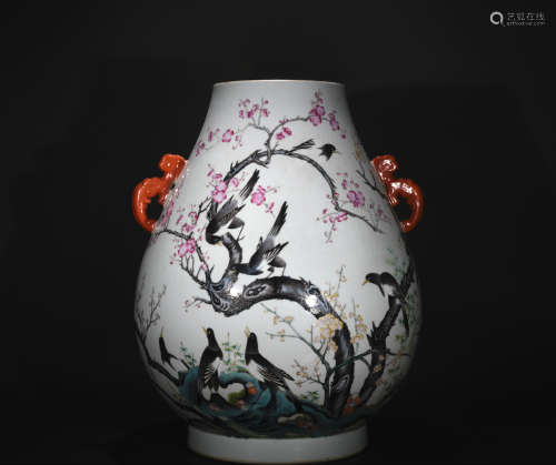 A pastel dragon ear goblet with the magpie ascends the plum design