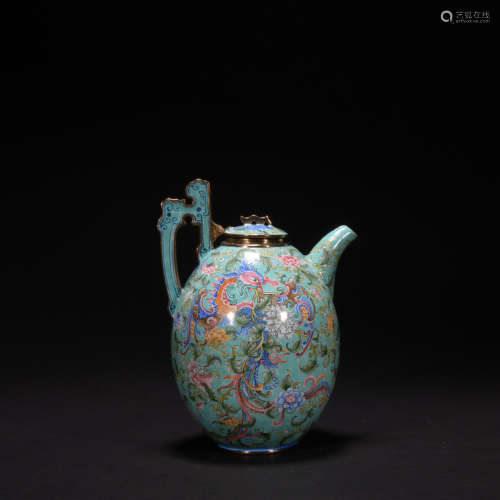 An enamel tea pot with flowers and phoenixs pattern