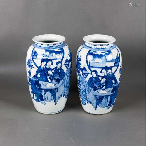 A PAIR OF BLUE AND WHITE 'FIGURAL' VASES