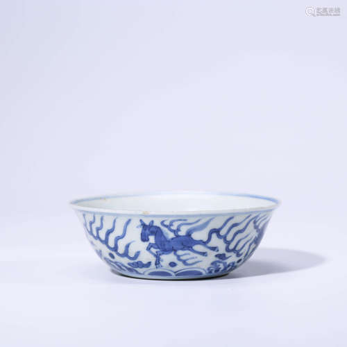 A CHINESE BLUE AND WHITE  PORCELAIN HORSE BOWL