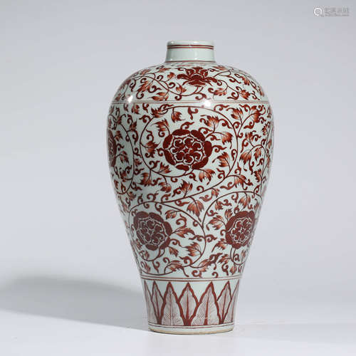 A CHINESE COPPER-RED-GLAZED PORCELAIN INTERLOCK BRANCHES VASE,MEI PING MARKED ZHENG DE