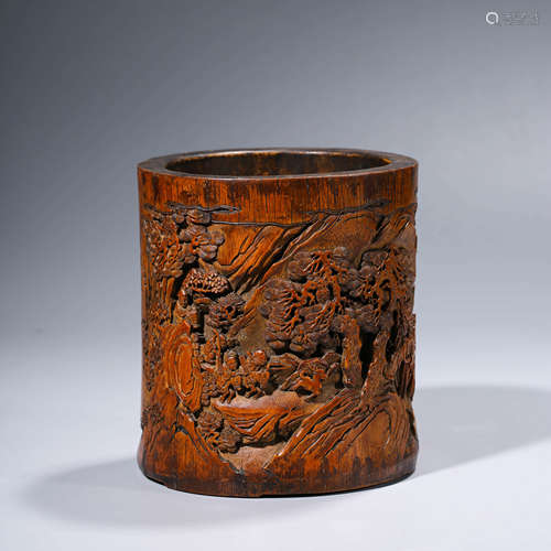 A CHINESE BAMBOO CARVING HUNTING SCENE BRUSHPOT