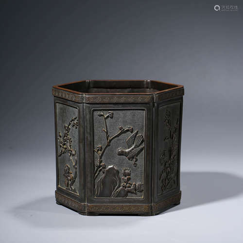 A CHINESE BRONZE HEXAGONAL BRUSHPOT MARKED QIAN LONG