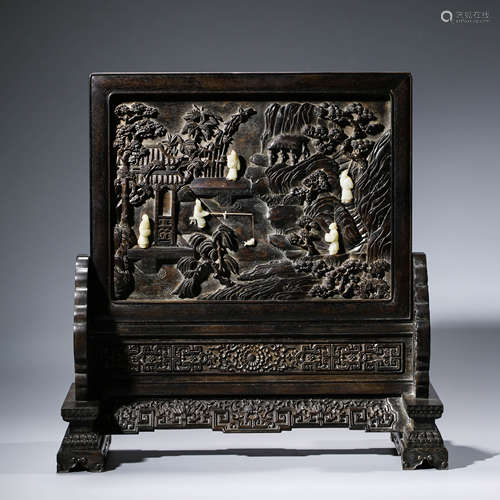 A CHINESE ZITAN AND WHITE JADE STORY TABLE SCREEN