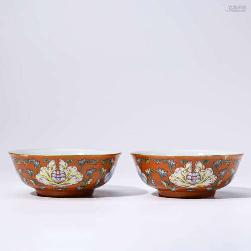 A PAIR OF CHINESE RED-GLAZED  PORCELAIN LOTUS BOWLS MARKED YONG ZHENG