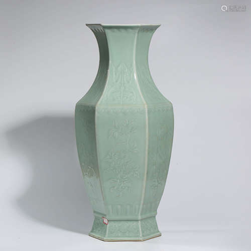 A CHINESE CELADON-GLAZED PORCELIAN HEXAGONAL VASE MARKED QIAN LONG