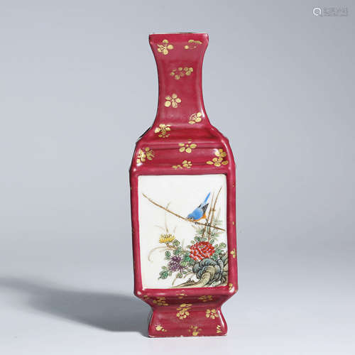 A CHINESE RED-GLAZED PORCELAIN POENIES AND BIRDS VASE MARKED QIAN LONG