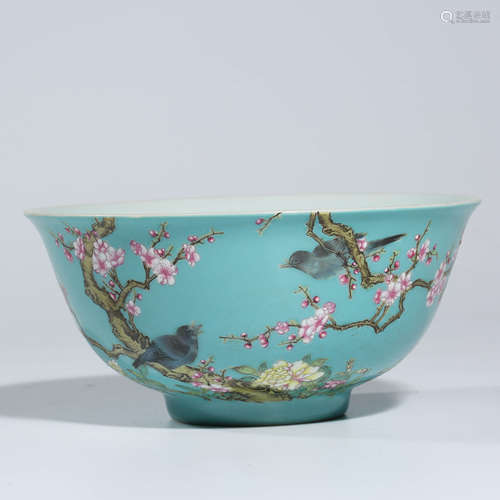 A CHINESE TURQUOISE-GROUND PORCELIAN BIRDS AND FLOWERS BOWL MARKED YONG ZHENG