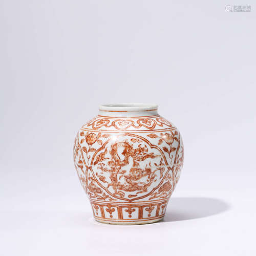 A CHINESE IRON-RED-GLAZED PORCELAIN DRAGON JAR MARKED JIA JING