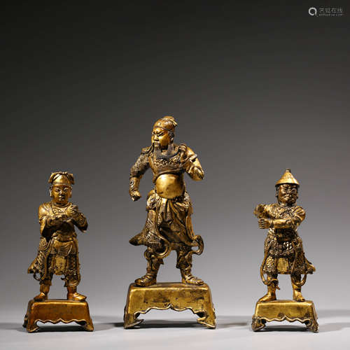 A SET OF CHINESE GILT-BRONZE GUANYU AND HIS ATTENDANTS STATUES