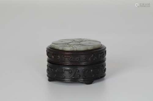 19TH Red Sandalwood Inlaid White Jade Box