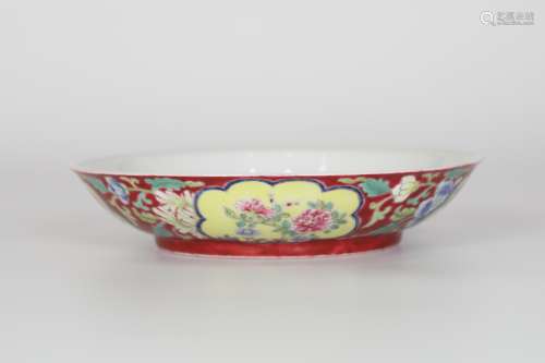 17TH  coral red ground enamel plate
