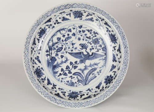 Yuan, blue and white phoenix pattern large plate