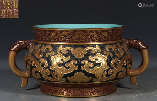 QIANLONG MARK BROWN GLAZE OUTLINE IN GOLD CENSER