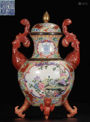 QIANLONG MARK FAMILLE ROSE ALUM RED TRIPOD CENSER