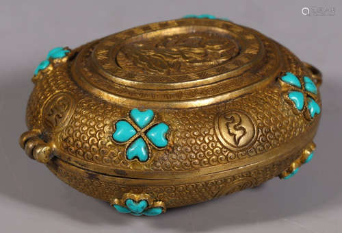 GILT BRONZE WITH TURQUOISE BUDDHA PATTERN BOX