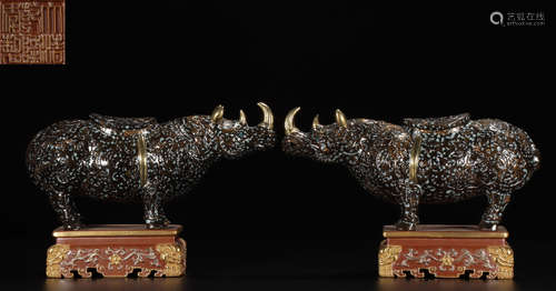 PAIR OF QIANLONG MARK COPPER RHINOCEROS CENSERS