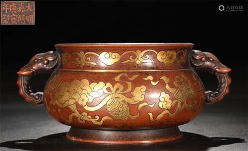 JIAJING MARK GILT BRONZE CENSER