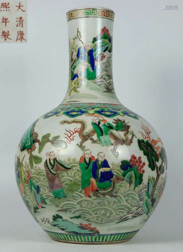 KANGXI MARK WUCAI GLAZE FIGURE PATTERN TIANQIU VASE