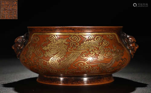 WU BANGZUO MARK GILT BRONZE DRAGON PATTERN CENSER