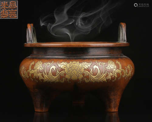 XUANDE MARK GILT BRONZE FLOWER PATTERN CENSER