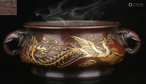 ZHENGDE MARK GILT BRONZE DRAGON&PHOENIX CENSER