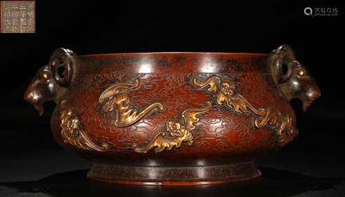 WU BANGZUO MARK GILT BRONZE BAT PATTERN CENSER