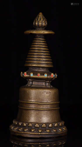 TIBETAN COPPER PAGODA WITH GEM