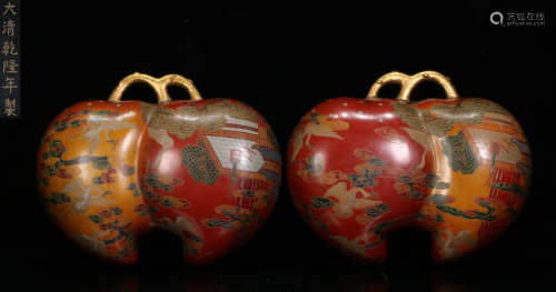 PAIR OF QIANLONG MARK RED LACQUER PEACH SHAPE BOXES