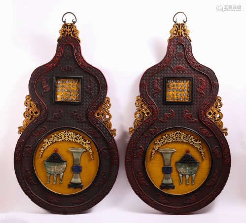 PAIR OF LACQUER WITH JADE SCREENS