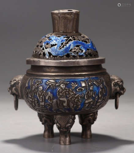 SILVER ENAMELING BLUE BEAST PATTERN CENSER