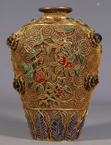 GILT SILVER ENAMELING BLUE AUSPICIOUS PATTERN VASE