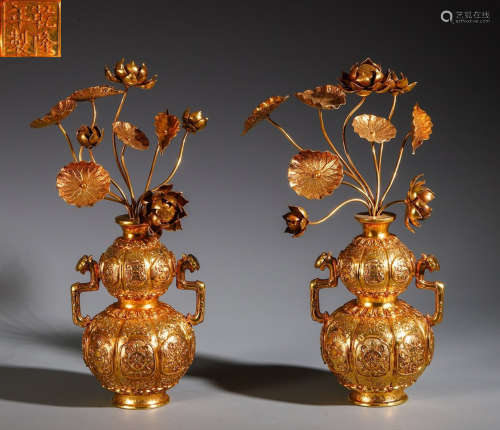 PAIR OF GILT SILVER VASES