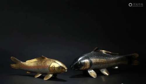 昭和时期 秀正作铜雕“年年有鱼