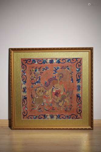 昭和時期麒麟刺繡掛畫