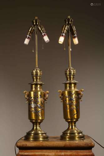 昭和時期，銅製錯金銀浮雕花鳥紋檯燈