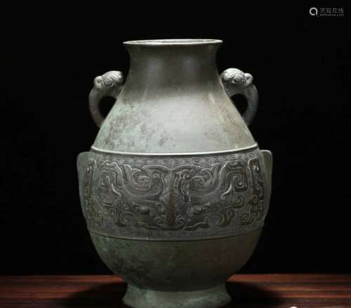 昭和时期 铜雕博古纹大花瓶