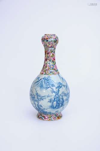 CHINESE FAMILLE ROSE BLUE WHITE LANDSCAPE PORCELAI