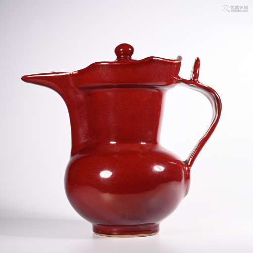 CHINESE OX BLOOD GLAZED PORCELAIN PITCHER, MARKED