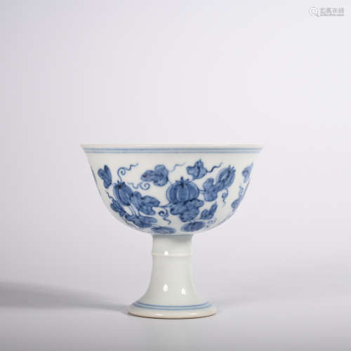 CHINESE BLUE WHITE PORCELAIN STEM CUP, MARKED