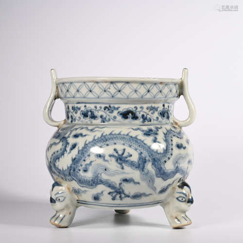 CHINESE BLUE WHITE DRAGON PORCELAIN CENSER