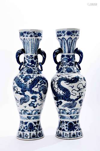 CHINESE BLUE WHITE DRAGON PORCELAIN VASES, PAIR