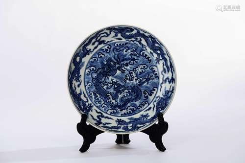 CHINESE BLUE WHITE DRAGON PORCELAIN PLATE