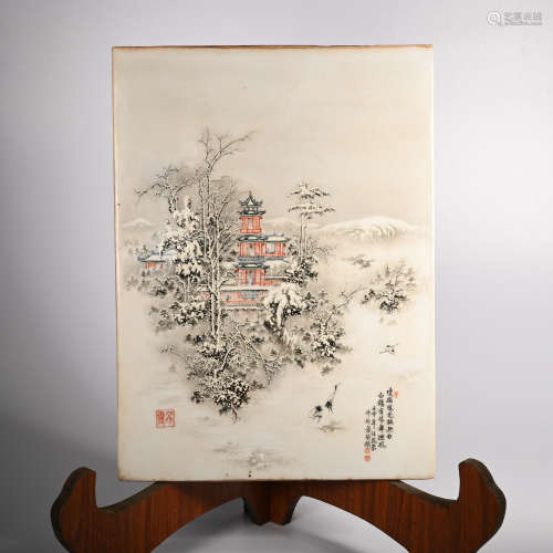 CHINESE FAMILLE ROSE SNOW SCENE PORCELAIN PLAQUE