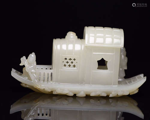 Chinese White Jade Carved Fishing Boat