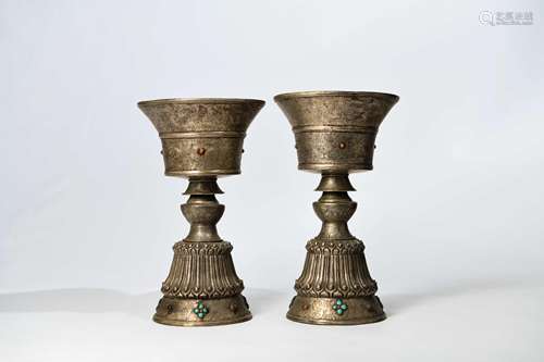 CHINESE SILVER CANDLE STANDS, PAIR