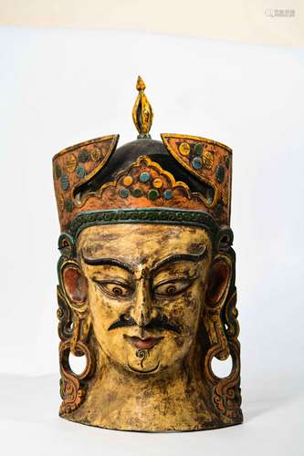 CHINESE PAINTED WOODEN HEAD OF PADMASAMBHAVA